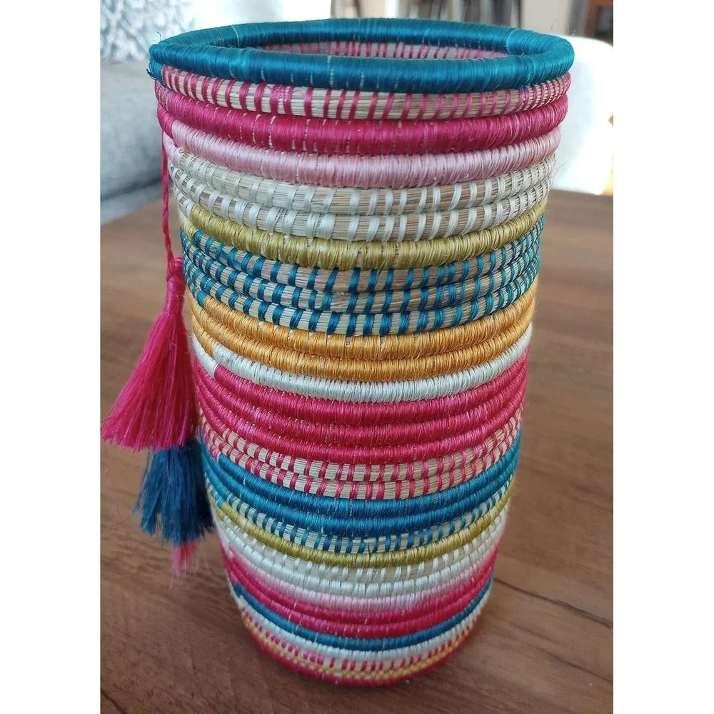 Handcrafted Sisal Coil Wine/Champagne Holder W/Tassels Made In Rwanda